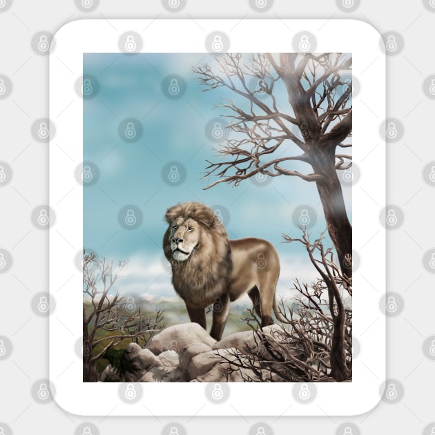 Lion king a wild animal. Wild African lion in nature. Retro style. Realistic Oil painting illustration. Wildlife ART Hand Drawing Sticker by sofiartmedia